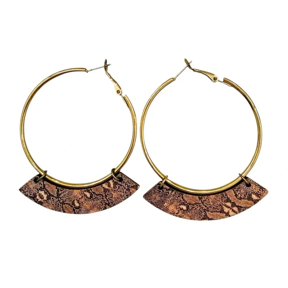 2/$15 Gold Hoop Earrings with Snakeskin Print Faux Leather Boho Earrings